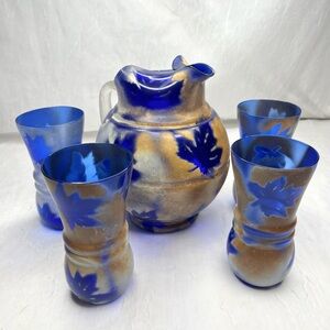 Vintage Weston Cobalt Blue Brown Leaf Glazed Pitcher Set Of 4 Glasses Hand Blown